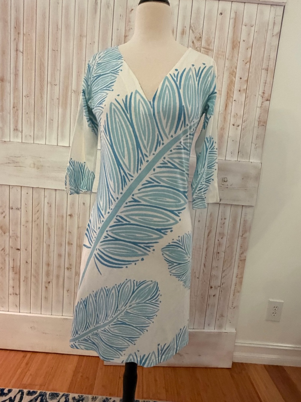 Lightweight White & Blue Leaf-Print Swim Coverup Dress